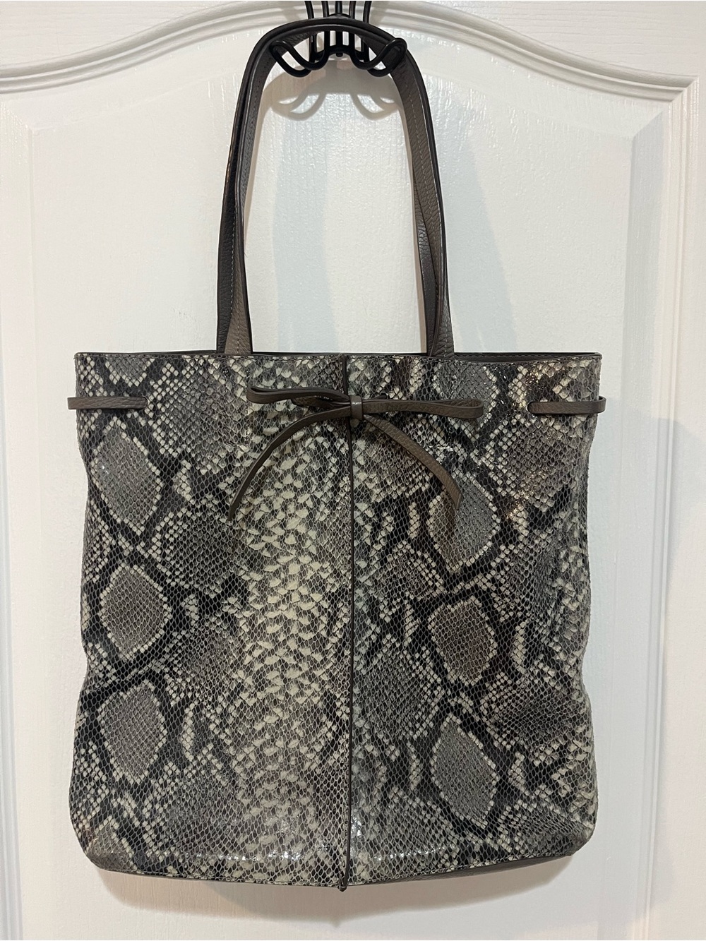 Banana Republic Gray Leather Snakeskin- Patterned Drawstring Tote